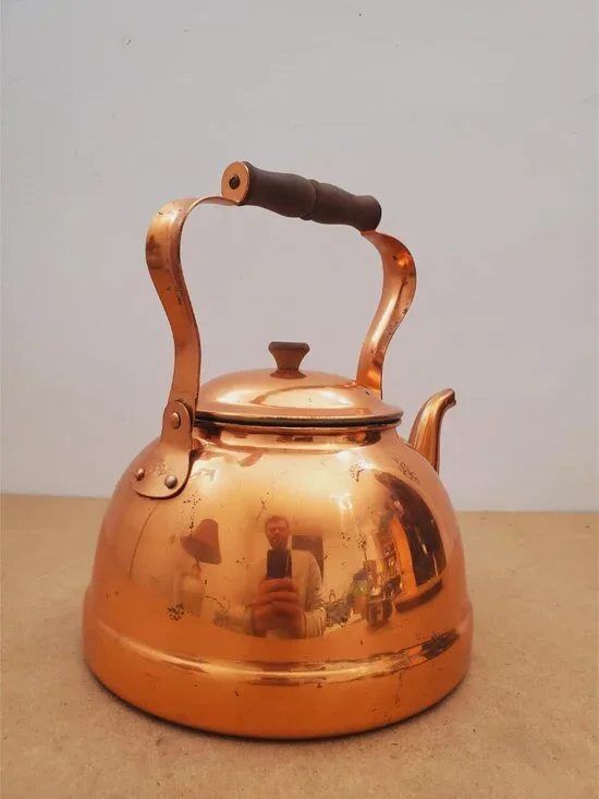 Vintage Copper Kettle with Brass & Wood Handle Antique Copper Kettle/Teapot - Picture 10 of 16